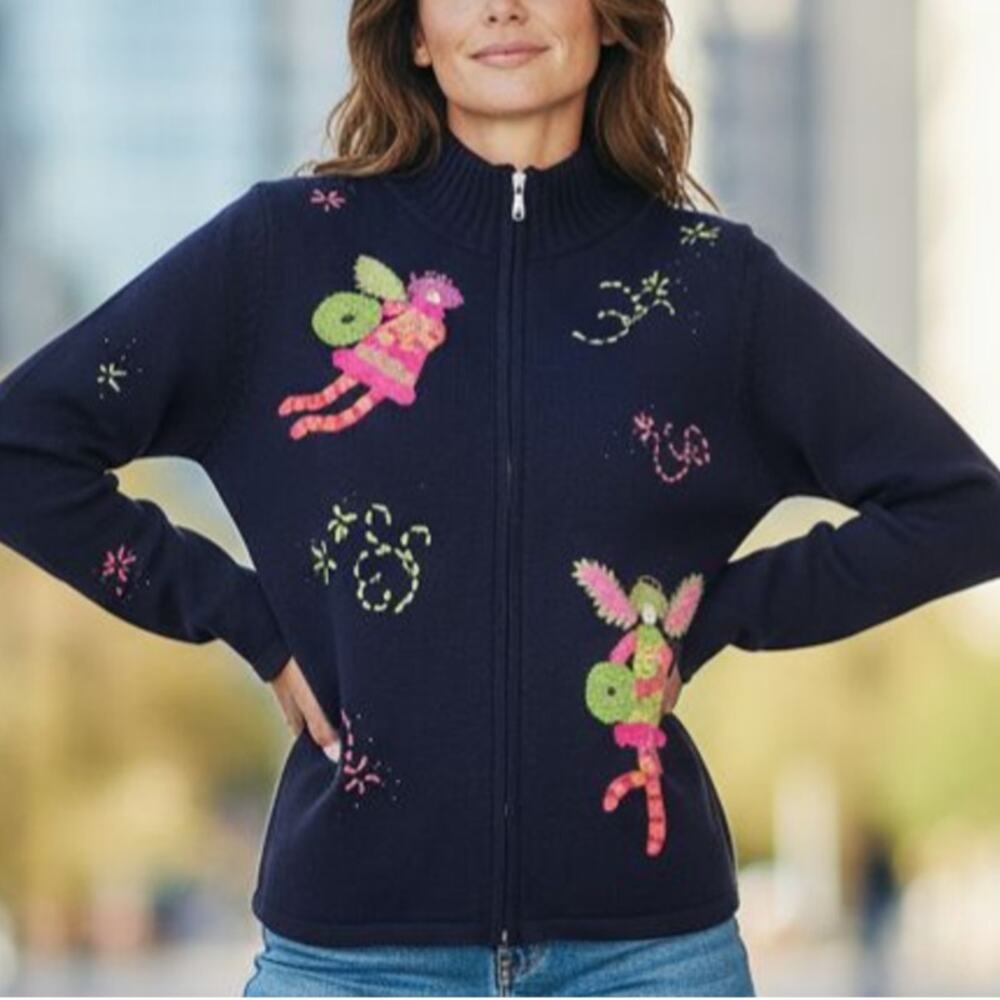 TALBOTS Christmas Cardigan Sweater Angel Fairy Core Quirky Novelty Cozy Size Lg